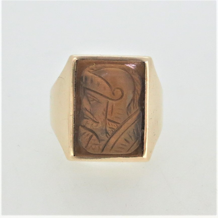10K Yellow Gold Tigers Eye Cameo Solider Mens Fashion Ring Size 9.5