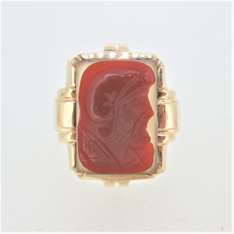 14K Yellow Gold Carnelian Cameo Solider Mens Fashion Ring Size 10