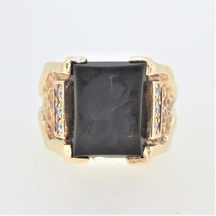 14K Yellow Gold Onyx Intaglio Solider Diamond Accented Mens Ring Size 12.75