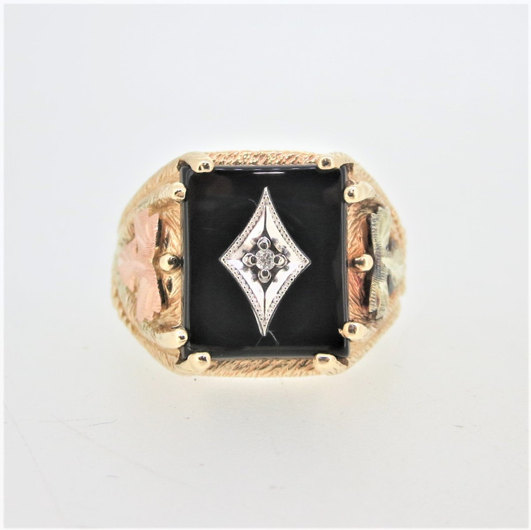 10K Black Hills Gold Onyx Diamond Accent Mens Fashion Ring Size 12