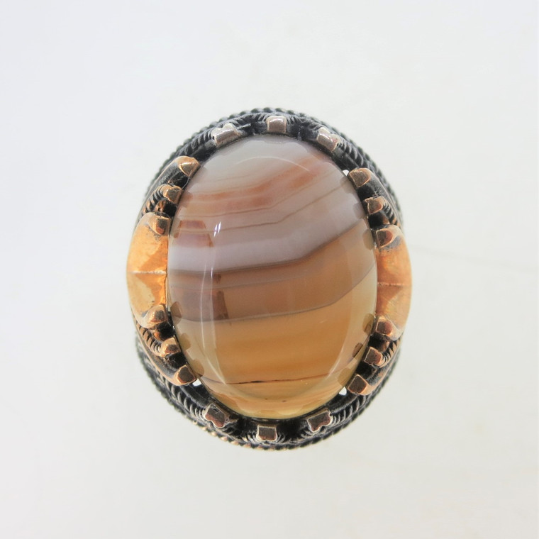 Sterling Silver Picture Agate Ring with Gold Tone and Braided Border Size 11