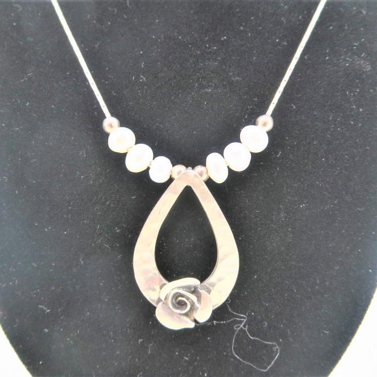 Sterling Silver Israel RL Necklace with Rose Pendent and Pearl Beads 18 Inches