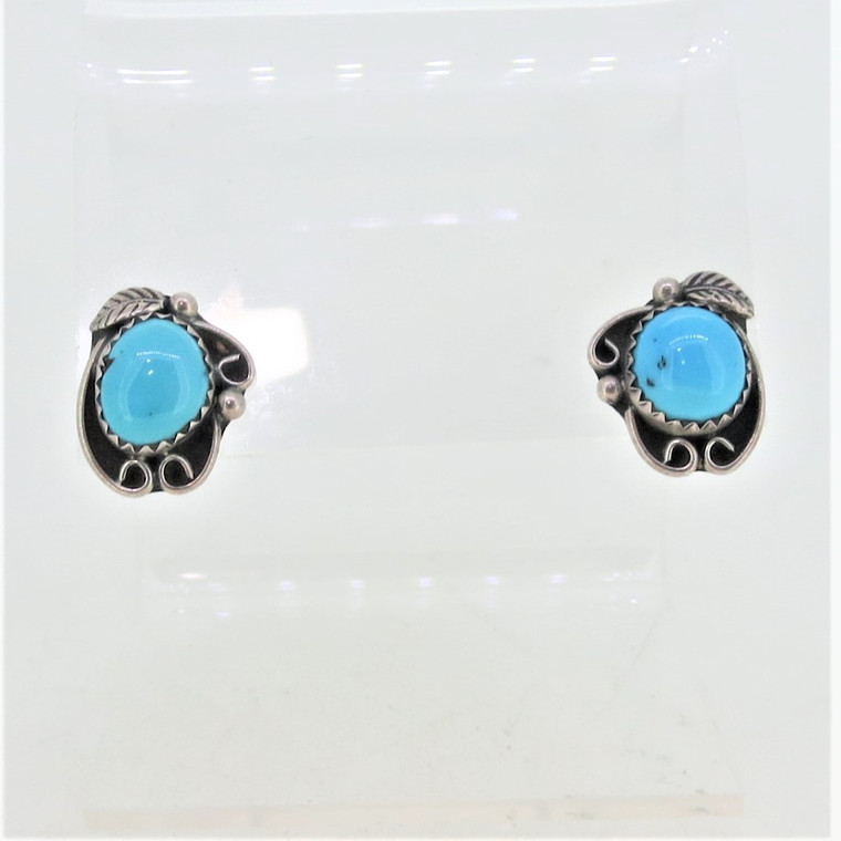 Sterling Silver Native SC Stamped Turquoise and Leaf Stud Earrings