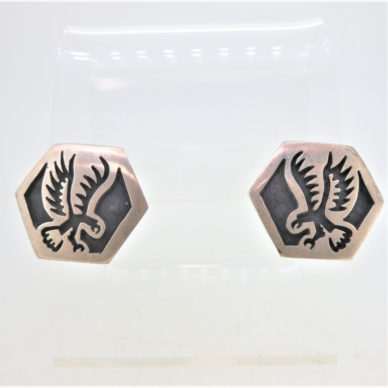 Sterling Silver Hopi Flying Eagle Stamped Octagon Stud Earrings