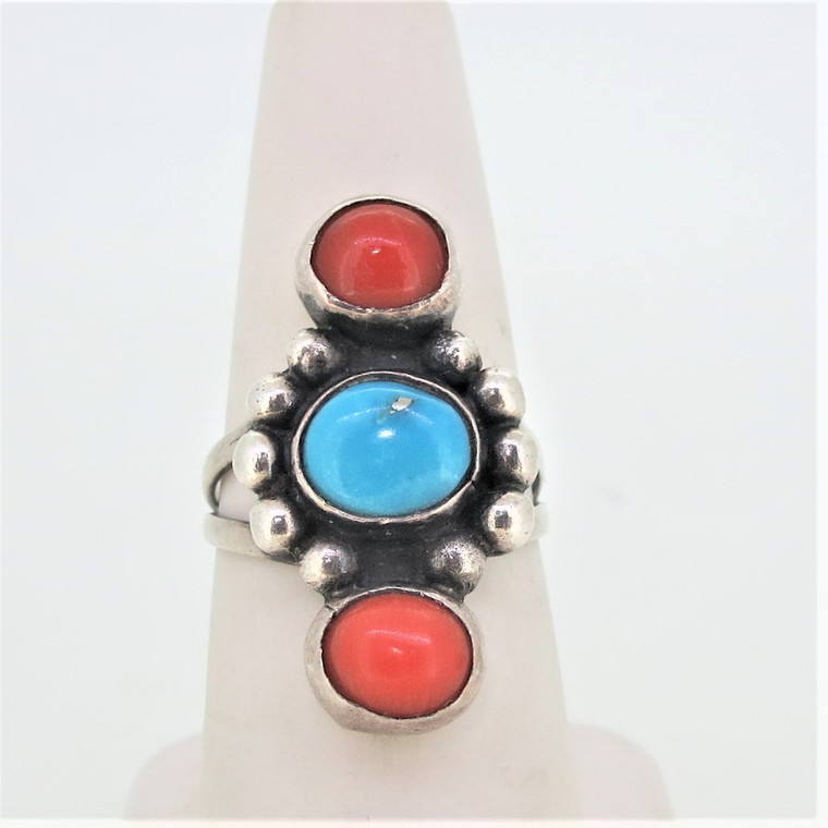 Sterling Silver Native Turquoise and Coral Size 6 1/2 Ring