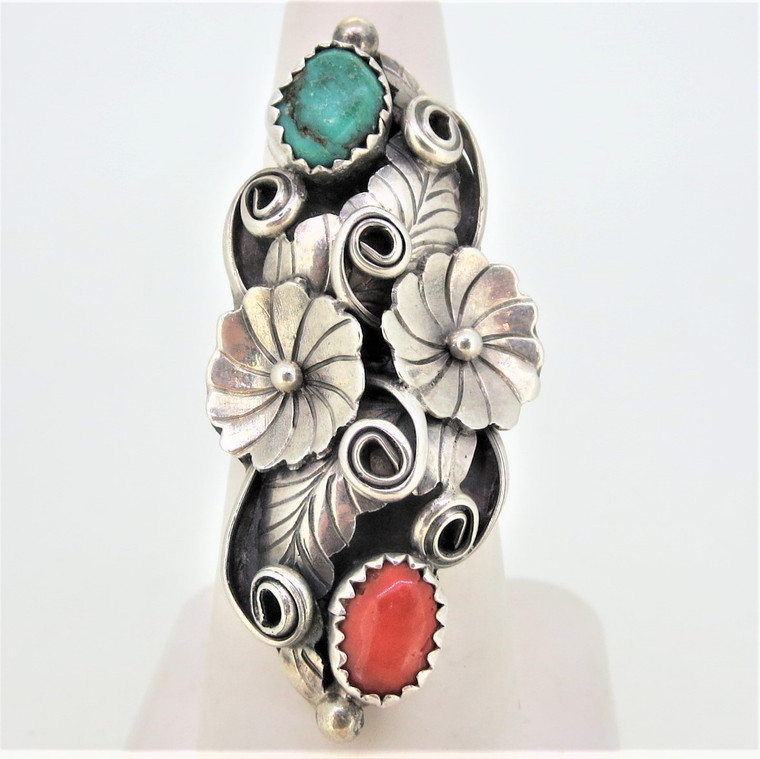 Sterling Silver Native Turquoise and Coral Flower and Leaves Size 6 1/2 Ring