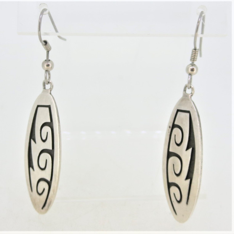 Chuck Lindsay Sterling Silver Native Stamped Oval Dangle Earrings