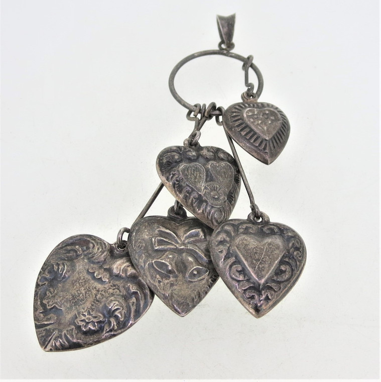 Sterling Silver Vintage Art Nouveau Style Puffy Heart Dangle Jingle Pendant