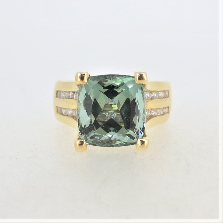 18K Y Gold Cushion Cut Tourmaline APP .50cttw Channel Set Diamond Rows Fashion Ring