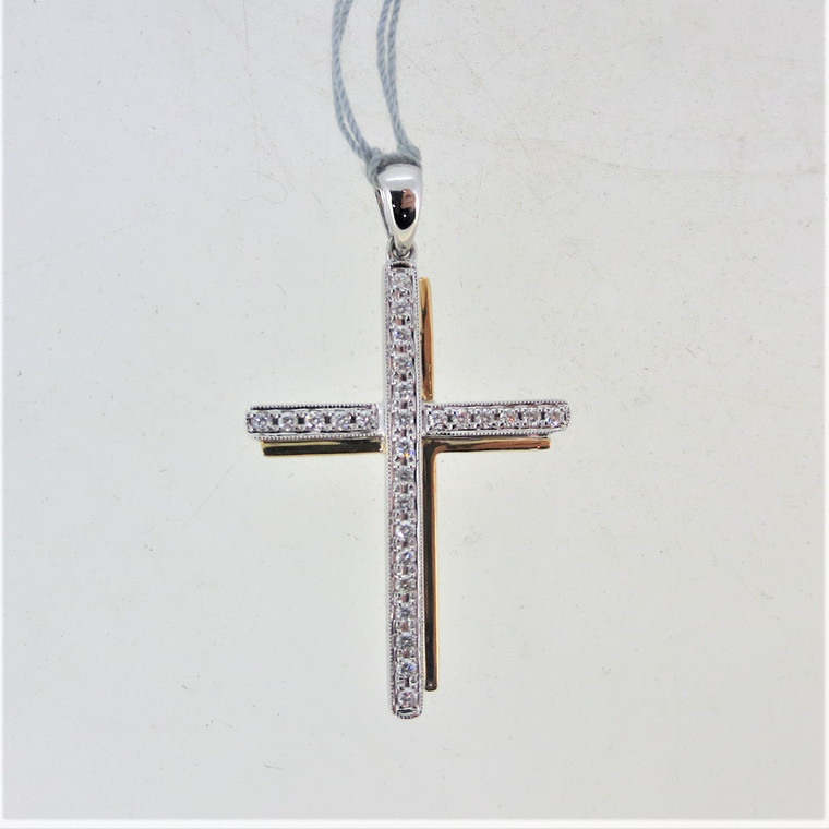 18K Two Tone Gold .23cttw Diamond Accented Cross Pendant