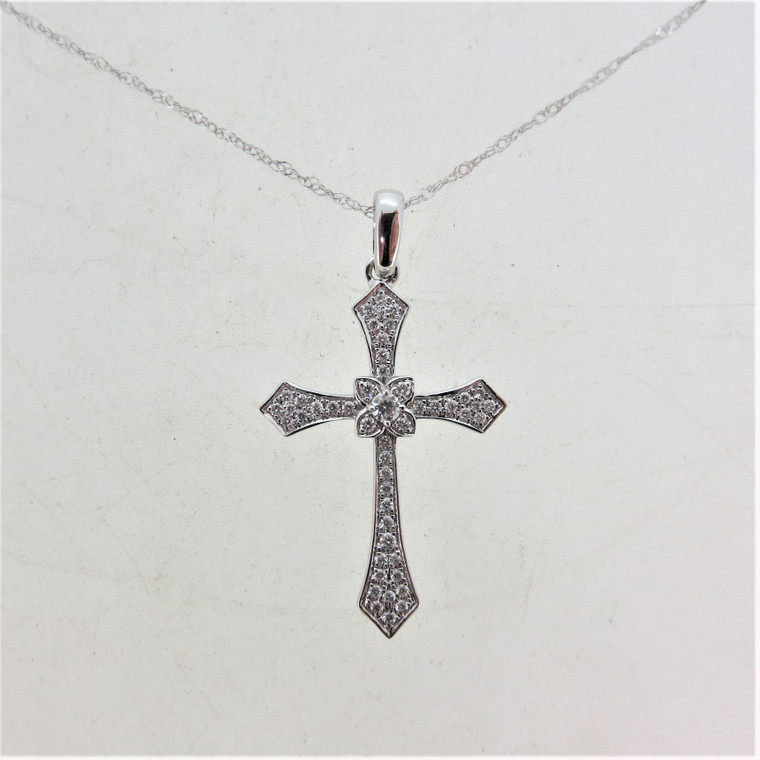 14K White Gold 1/5cttw Diamond Accented Cross Pendant 18" Necklace