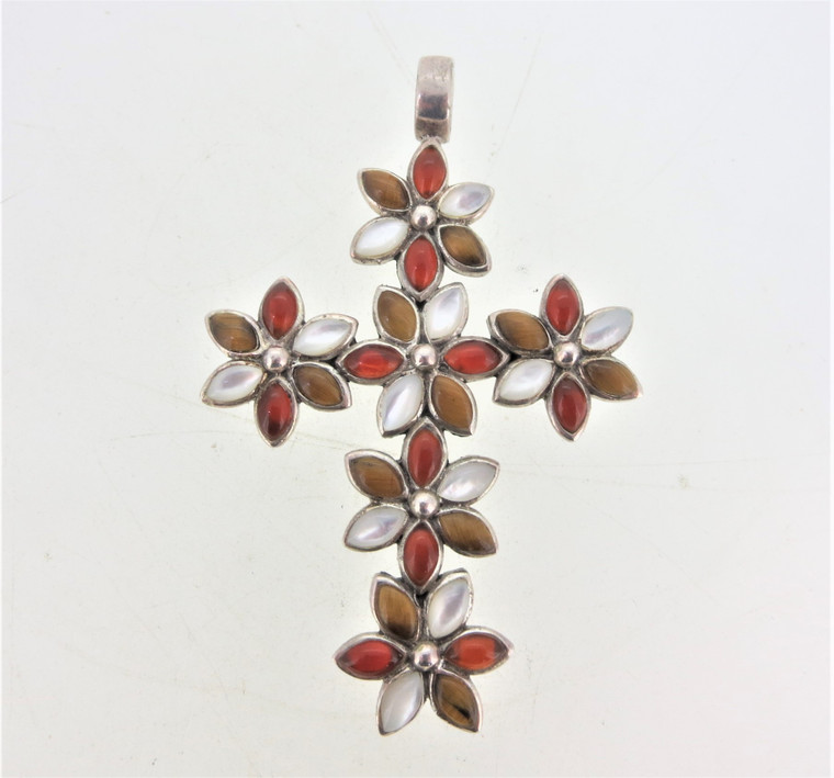 Sterling Silver Multi Stone Cross Pendent in Flower Designs