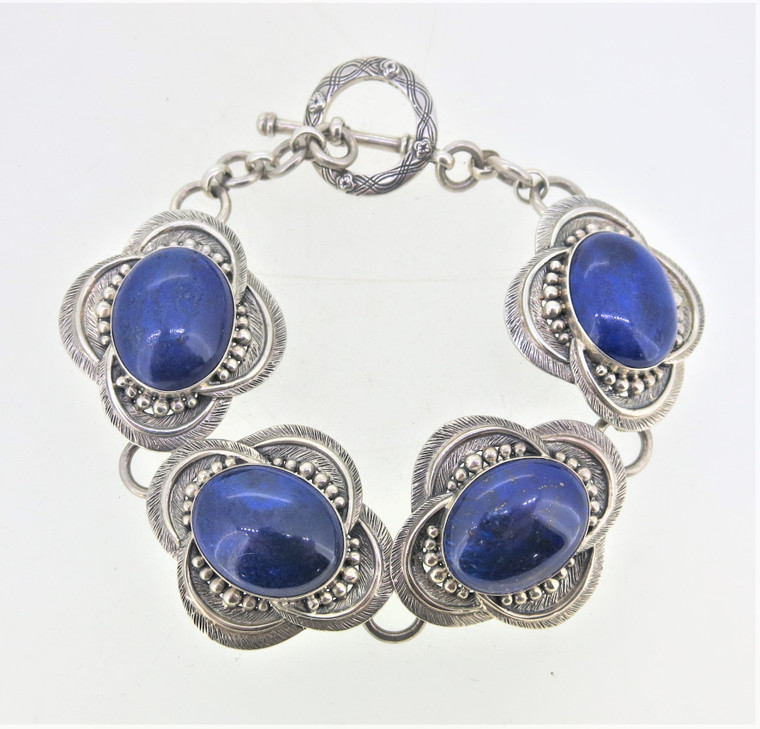 Sterling Silver Four Stone Lapis Link Bracelet 8 Inches