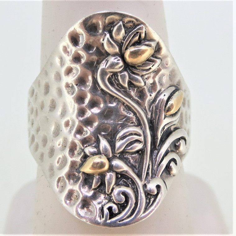 Sterling Silver 18K Ring with Floral Designs Size 7