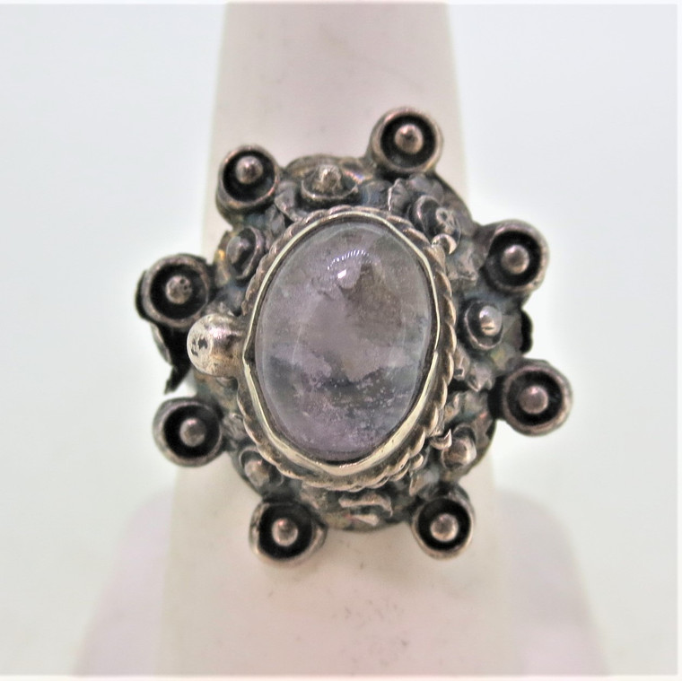 Sterling Silver Taxco Vintage Poison Ring with Beaded Designs and Clear Stone Adjustable