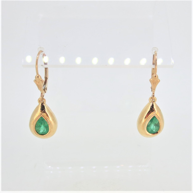 14K Yellow Gold Pear Shaped Emerald Lever Back Earrings