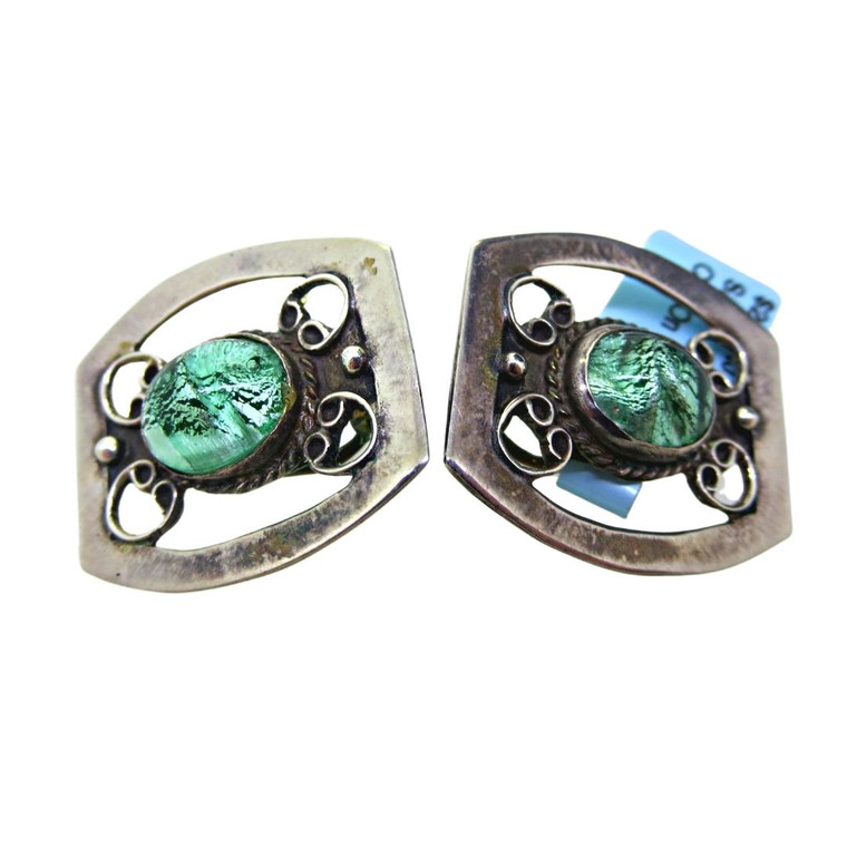 Sterling Silver Texco Mexico Green Stone Square Clip On Earrings