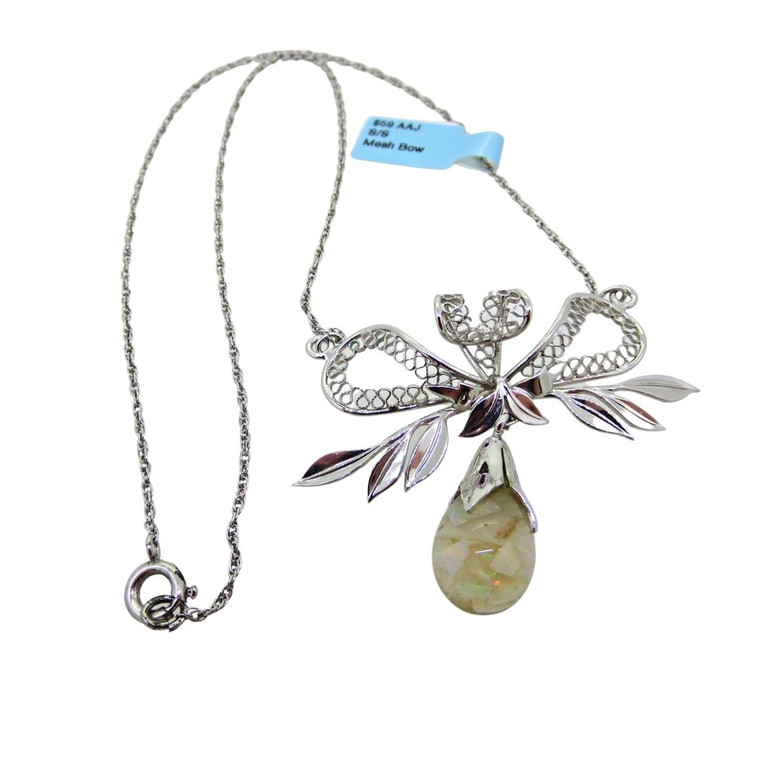 Sterling Silver Mesh Bow with Leaves and a Dangle Snow Globe with Opals Drop Necklace
