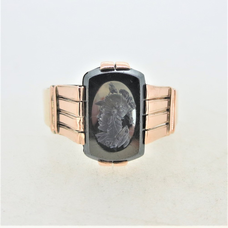 10K Yellow Gold Hematite Intaglio Mens Ring Size 11.75