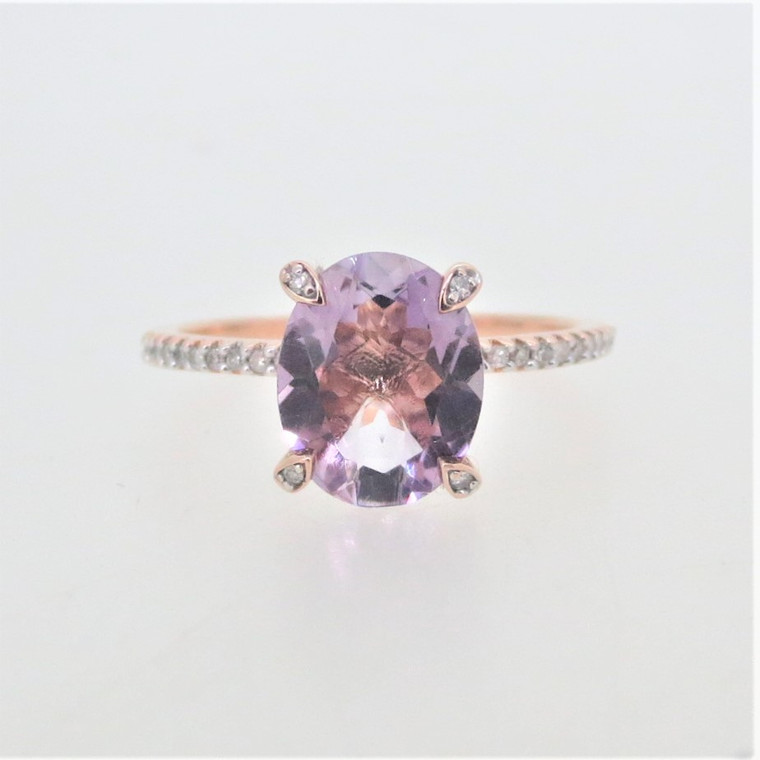 10K Rose Gold Oval Amethyst Diamond Accented Prongs Fashion Ring Size 9