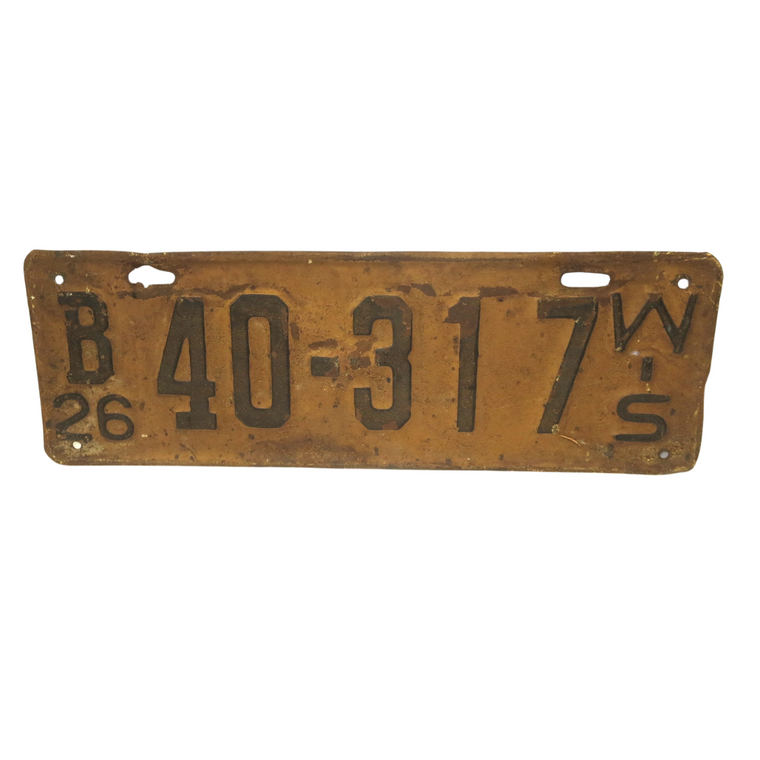 Original 1926 State of Wisconsin Metal License Plate - Brown/Black