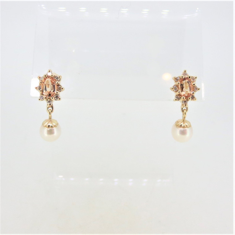 14K Yellow Gold Imperial Topaz Diamond Halo Dangle Pearl Screw-back Earrings