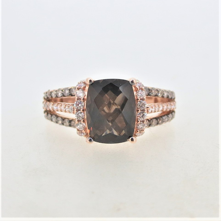 LeVian Rose Gold Checkerboard Cut Smokey Quartz Champagne Vanilla Diamond Accented Fashion Ring