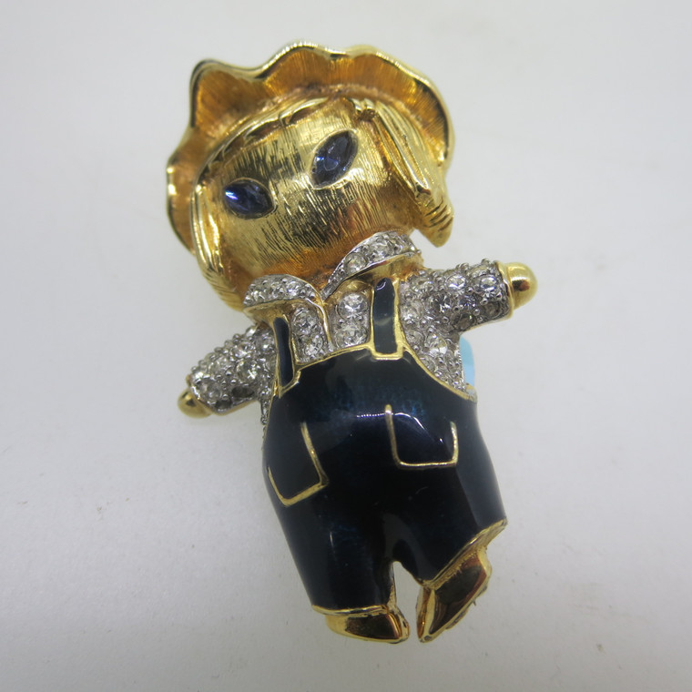 Gold Filled Boy Scarecrow w/ Sapphire Eyes Brooch