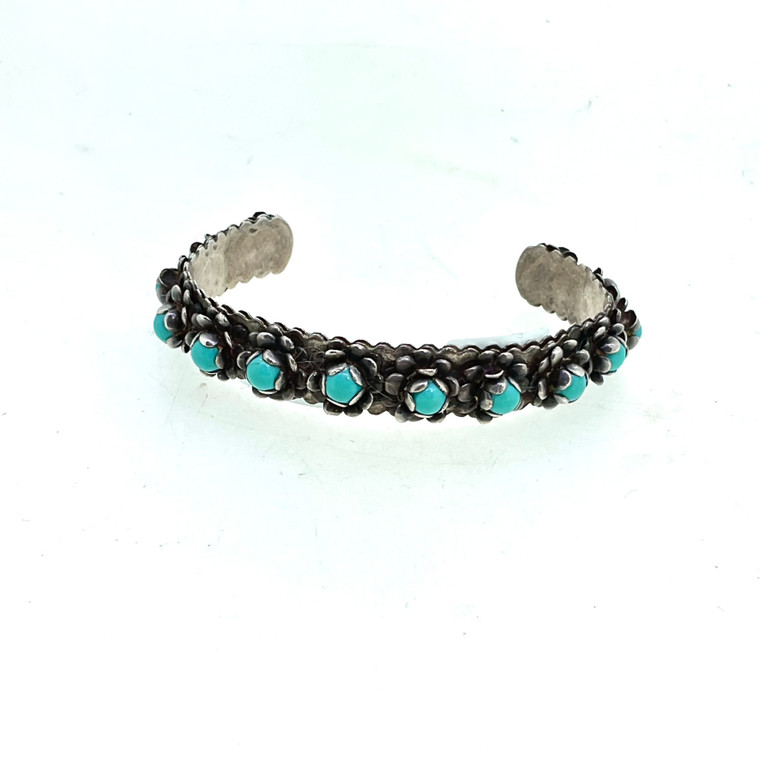 Sterling Silver Mexico Turquoise Flower Buds Cuff Bracelet