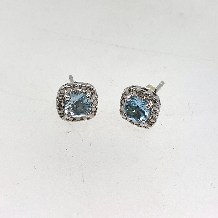 Sterling Silver with Blue Topaz and Diamond Halo Earrings