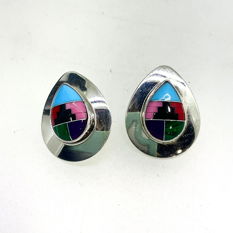 Sterling Silver Paula Armstrong Native Gemstone Inlay Post Earrings