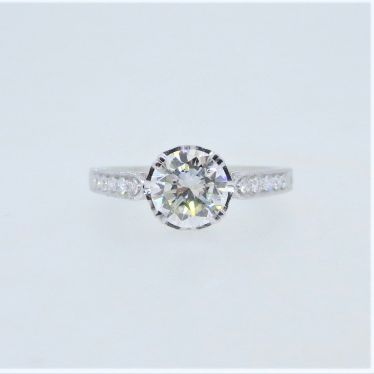 14K W Gold GIA Cert 1.14ct Round Brilliant Diamond Accented Crown Detail Engagement Ring