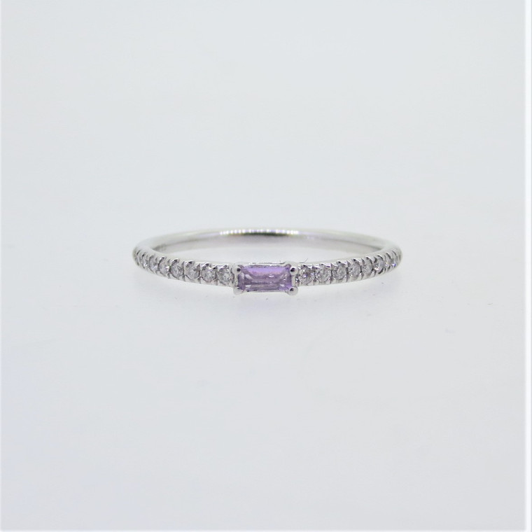 10k W Gold Stackable Ring Diamond Pave with Amethyst February Birthstone Size 7