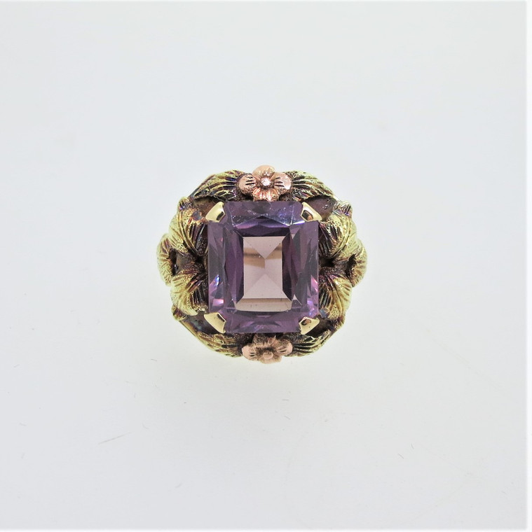 14K Yellow Gold Black Hills Gold Flower Leaves Amethyst Fashion Ring Size 7