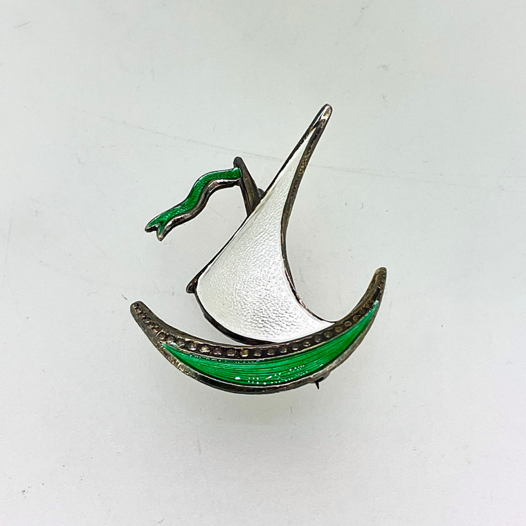 Vintage Sterling Silver and Enamel Ivar Holth Norway Viking Ship Brooch