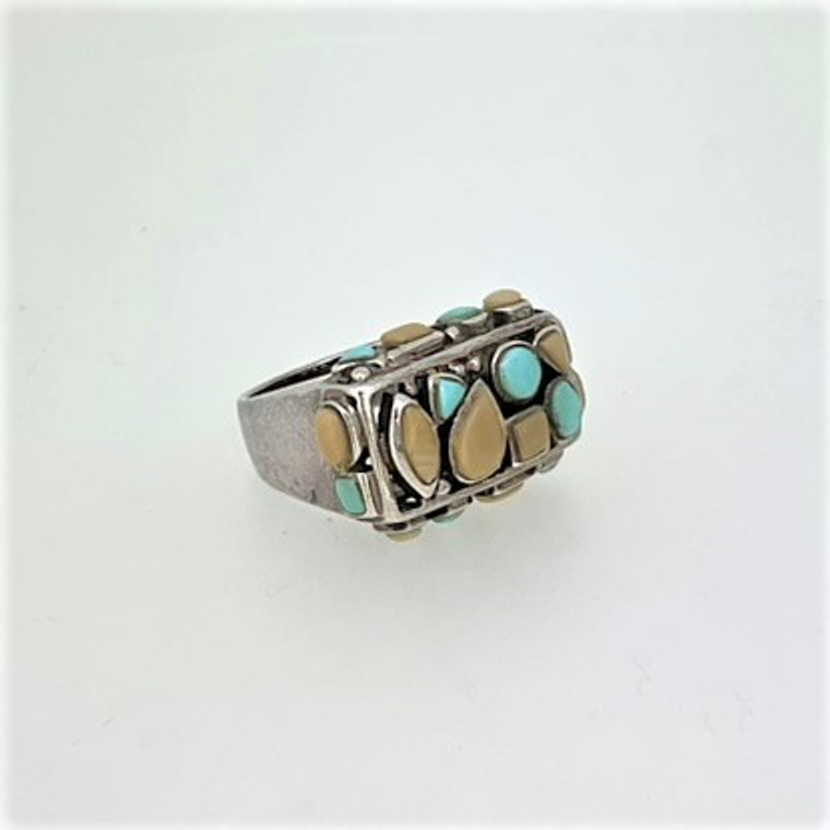 Sterling Silver Multi Stone Turquoise, Agate Ring Size 7