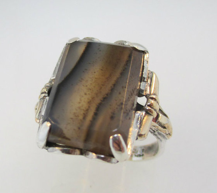 Uncas Sterling Silver and 12k Gold Filled Moss Agate Ring Size 6.75 *