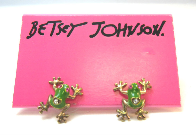 Vintage Gold Tone Green Enamel Frog Earrings w/ Rhinestones Betsey Johnson *