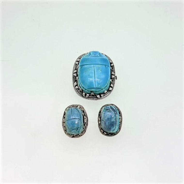 Antique Egyptian Turquoise Scarab With Sterling Silver Setting Brooch, Earring Set