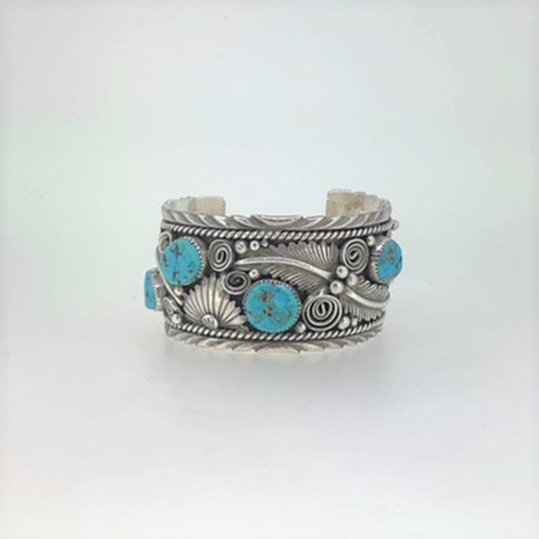 Navajo Signed Chomas Sterling Turquoise Multi Stone Feather Cuff Bracelet