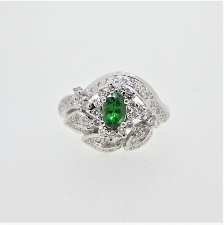 LeVian 14K W Gold Oval Tsavorite Diamond Accented Floral Design Fashion Ring Sz 10