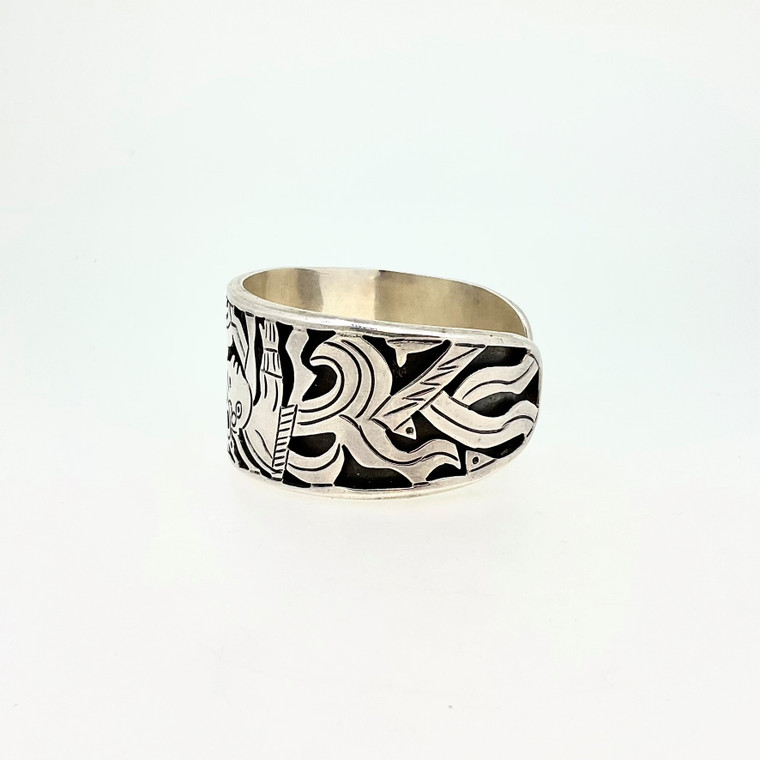 Mexico Taxco Sterling Silver Overlay Aztec Cuff Bracelet