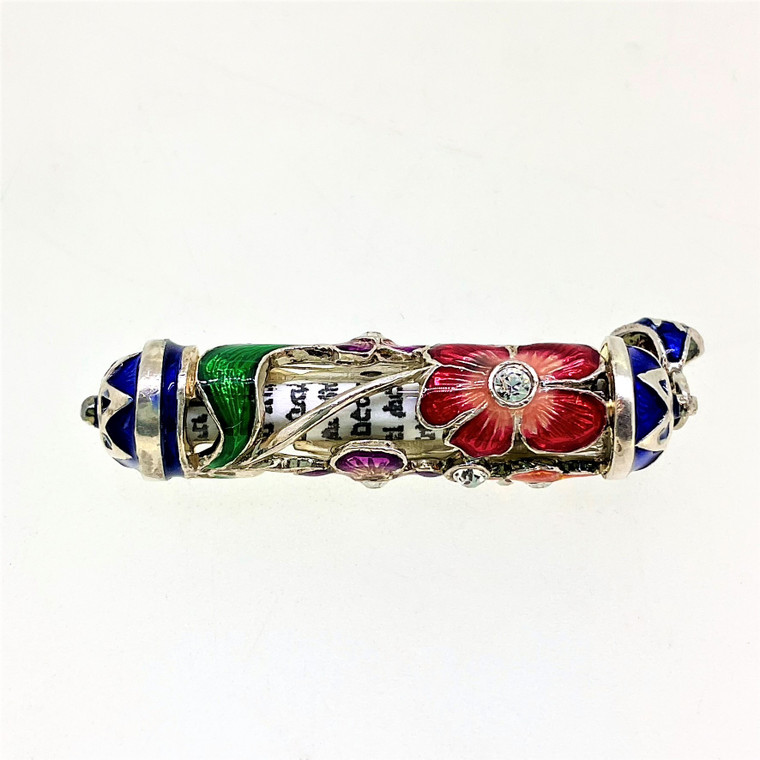 Sterling Silver Enamel and CZ Jewish Mezuzah with Shema Pendant