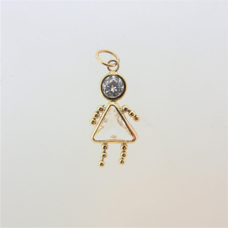 14k Yellow Gold Clear Stone Created Diamond April Birthstone Girl Pendant Charm