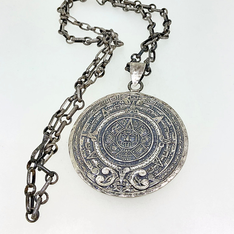 Sterling Silver Mayan Calender Pendant Necklace