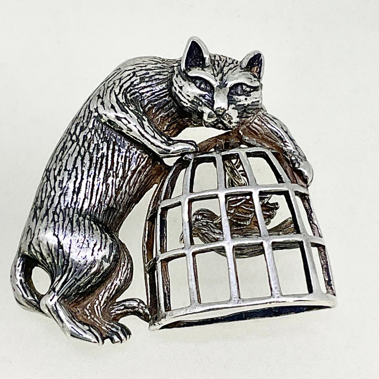 Sterling Silver Vintage Cat and Bird Moveable Brooch