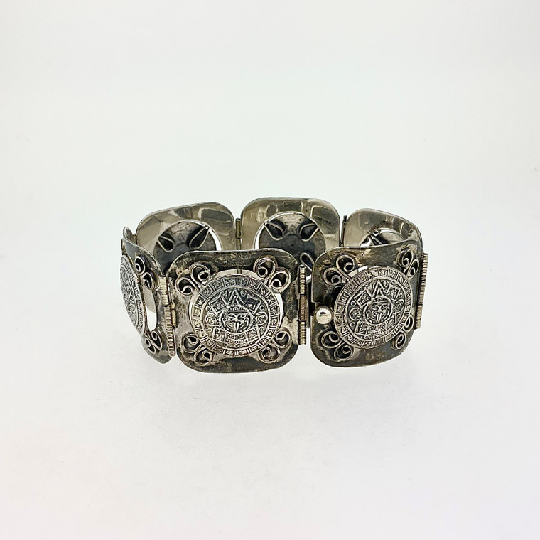 Sterling Silver Detailed Mayan Cuff Link Bracelet