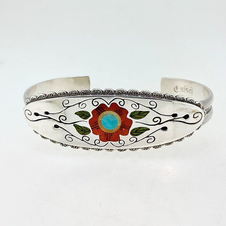 Zuni Carolyn Pollack Relios + RN Laconsello Sterling Silver Flower Turquoise Coral MOP Inlay Bracelet Cuff