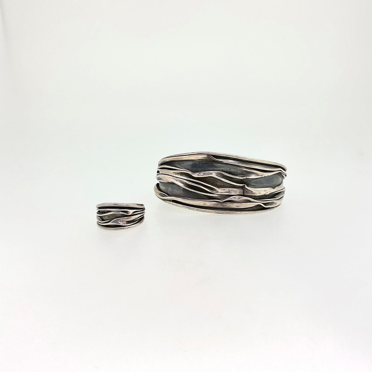 Sterling Silver Set Of Corrugated Cuff Bracelet & Ring Size 8