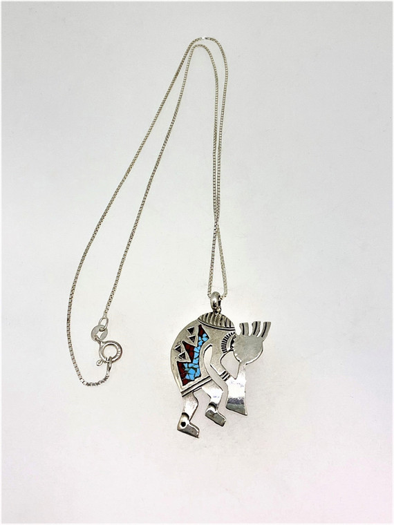 Sterling Silver Kokopelli Turquoise and Coral Inlay Pendant